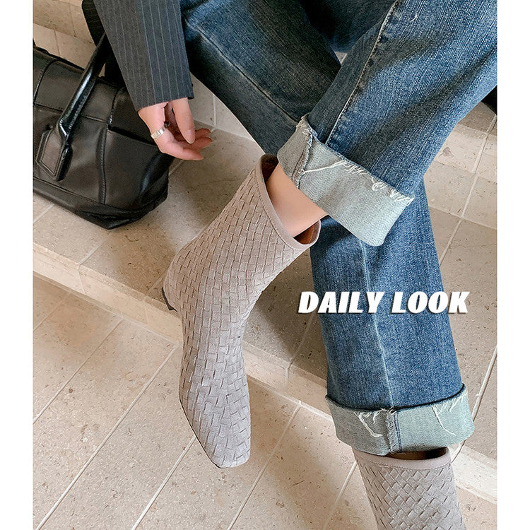 Karin Luna Handmade Woven Fabric Small Square Toe Hidden Heel Short Boots