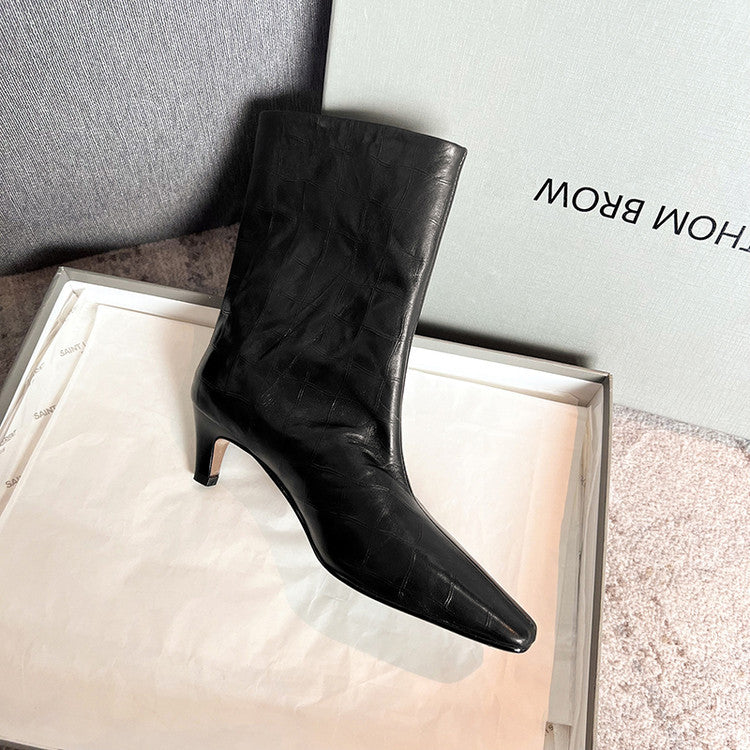 Karin Luna In Stock Spot Goods Top Layer Stone Pattern Cowhide Textured Small Square Toe Straight Short Boots