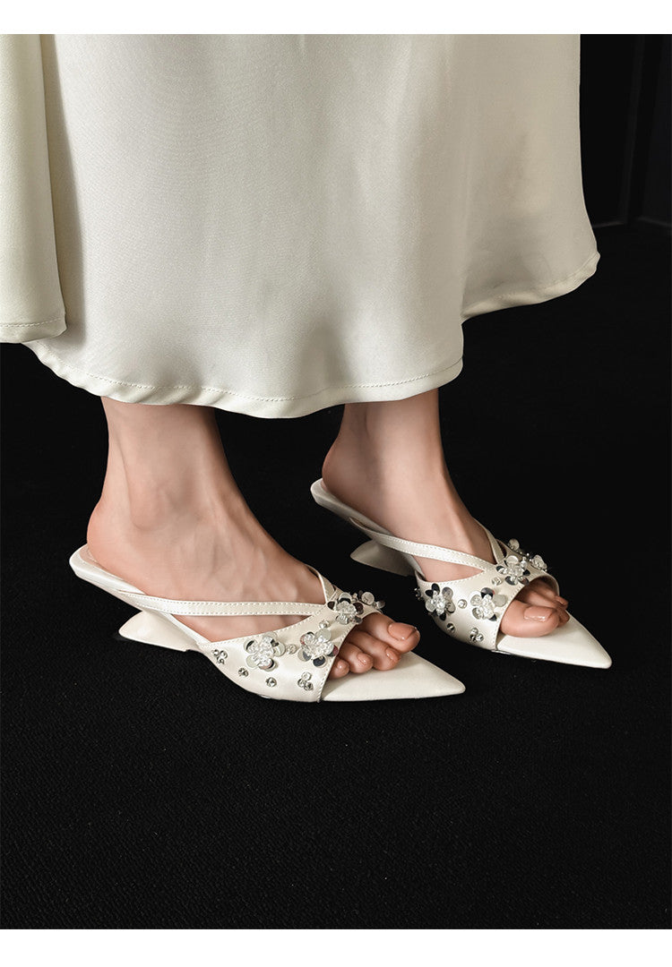 Karin Luna Bestseller Sequin Elements Elegant Pointed Toe Irregular Heel Slippers