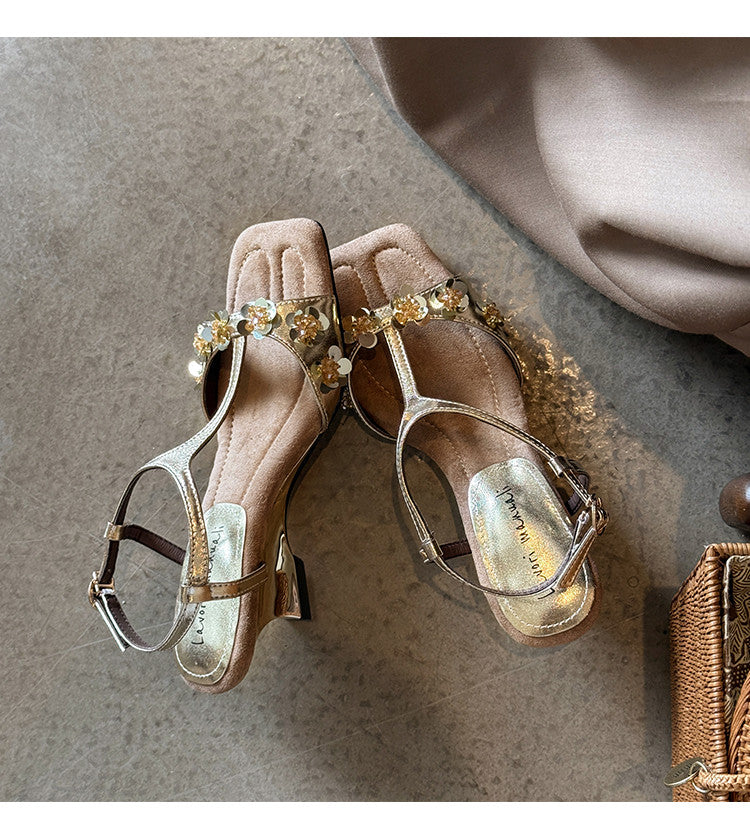 Karin Luna Hot-Selling Sequin Floral Series ~  Square Toe Irregular Heel Square Toe Sandals