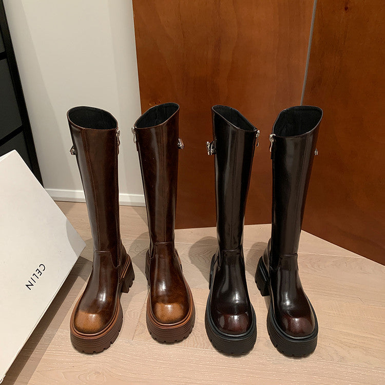 Karin Luna In Stock In Stock  Round Toe Thick Sole Belt Buckle Side Zipper Knight Boots