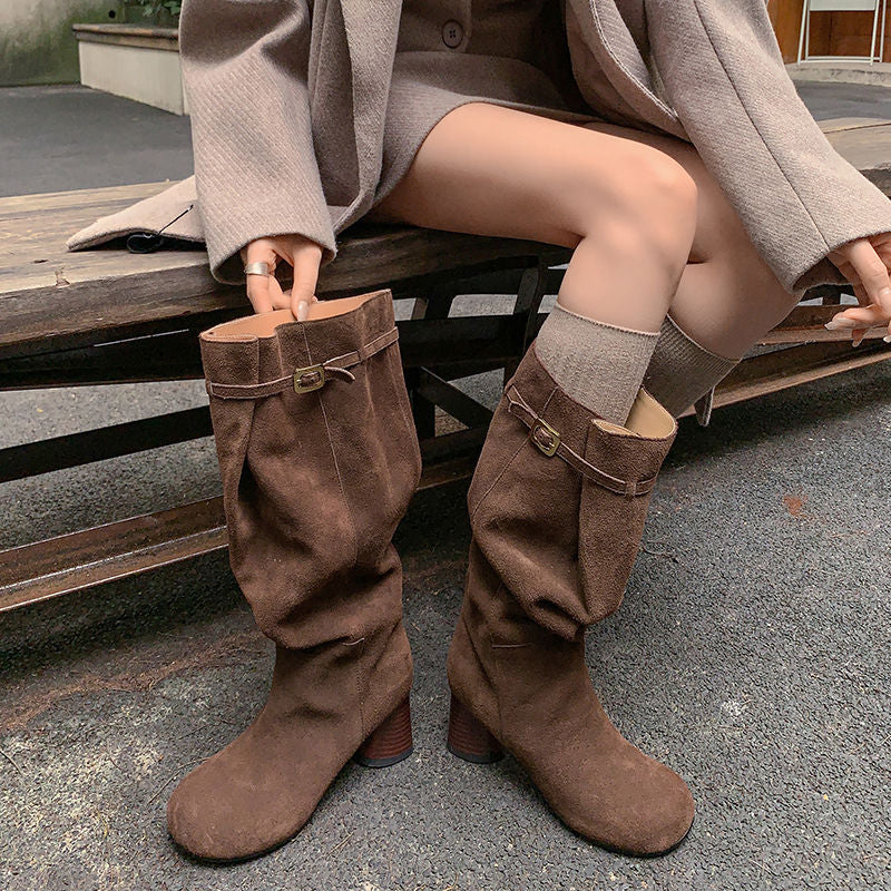 Karin Luna In Stock In Stock Mango Head Large Tube Belt Buckle Chunky Heel Long Boots