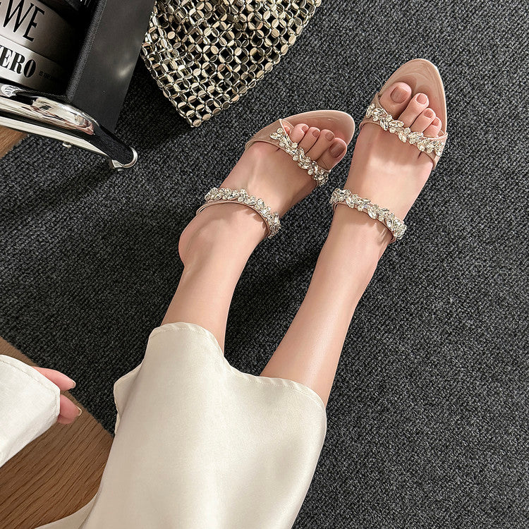 Karin Luna Exquisite Round Toe One-Strap Rhinestone Thin Heel Slippers