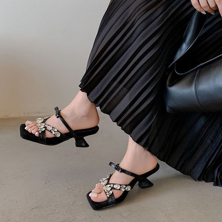 Karin Luna In Stock In Stock  Square Toe Rhinestone Bow Suede Slippers
