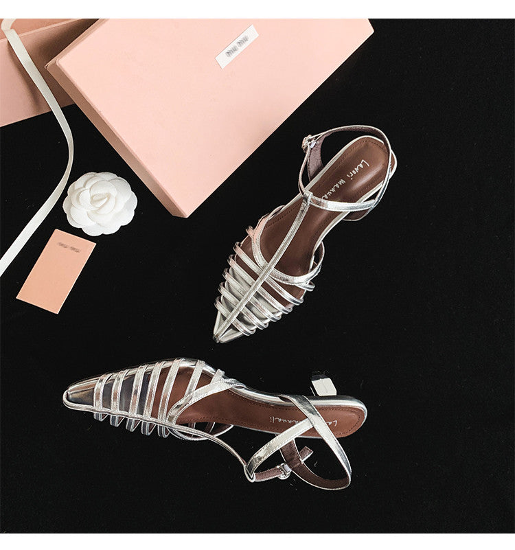 Karin Luna French Hollow Toe Metal Heel Elegant Sandals