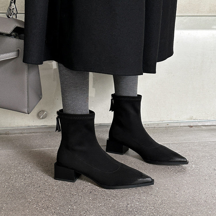 Karin Luna In Stock In Stock Elastic Slim Pointed Toe Chunky Heel Basic Ankle Boots