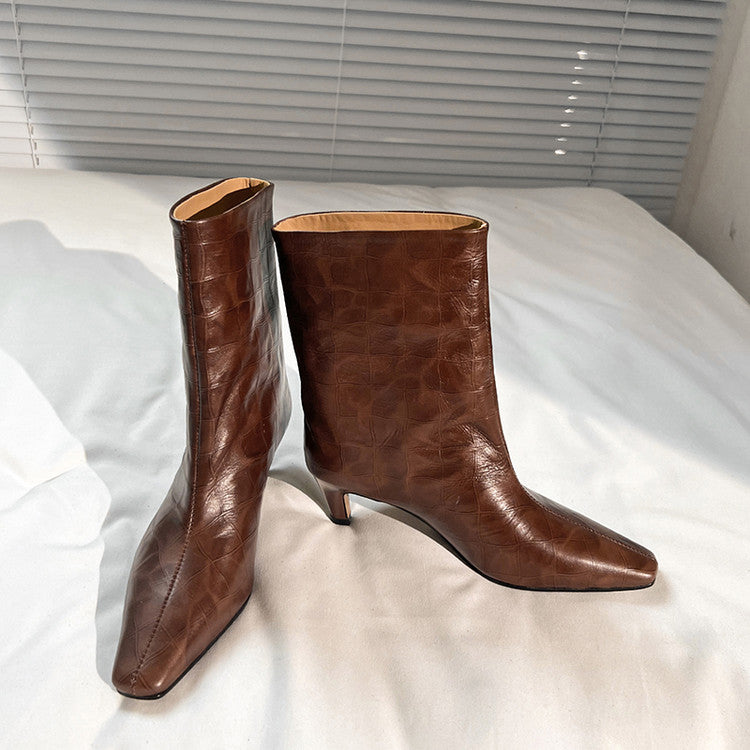 Karin Luna In Stock Spot Goods Top Layer Stone Pattern Cowhide Textured Small Square Toe Straight Short Boots