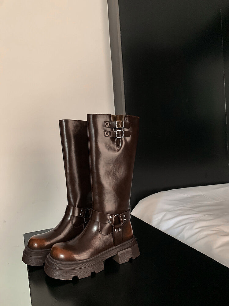 Karin Luna Full Cowhide  miumiu Popular Round Toe Thick Sole Beautiful and height-increasing