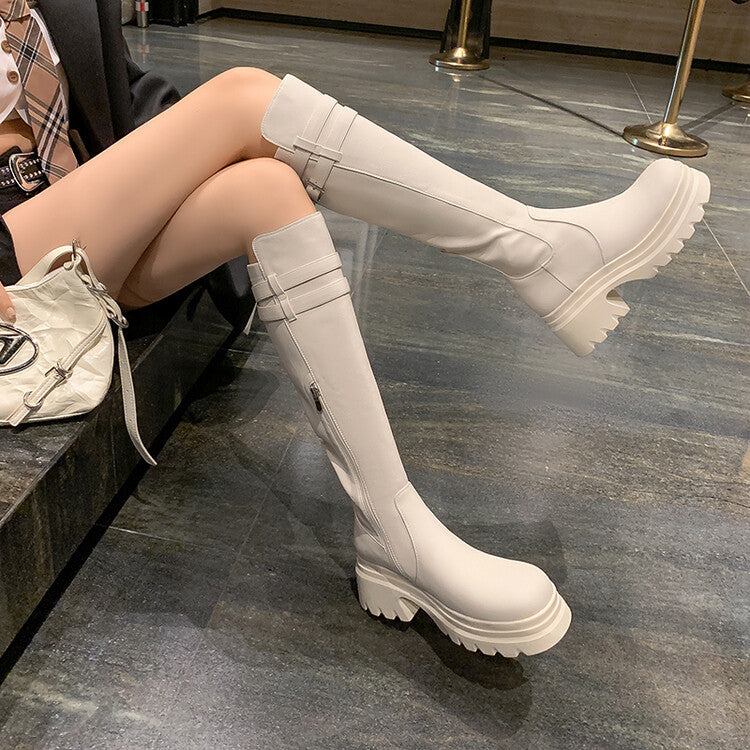 Karin Luna In Stock  Round Toe Thick Sole Casual Belt Buckle Long Boots