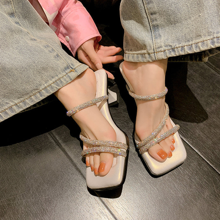 Karin Luna In Stock Spot Goods  Minimalist Versatile Square Toe Rhinestone Strap Open-Toe Sandals