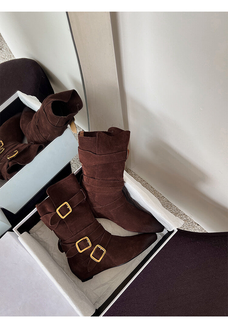 Karin Luna Cow Leather Small Square Toe Belt Buckle Fashion Boots