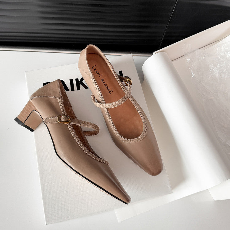 Karin Luna Braided Element Design Chunky Heel Square Toe Single Strap Shoes