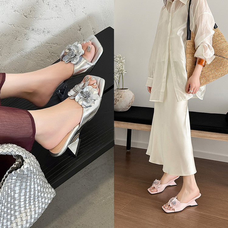 Karin Luna In Stock Spot Goods Camellia Classic style retro square toe shaped heel slippers