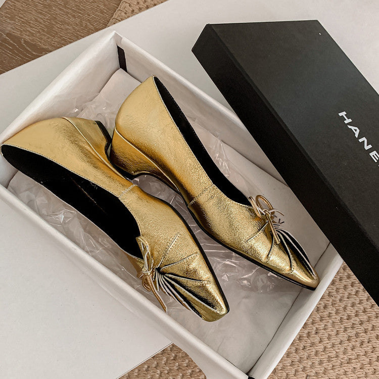 Karin Luna French Style Wrinkled Square Toe Height-Increasing Flats