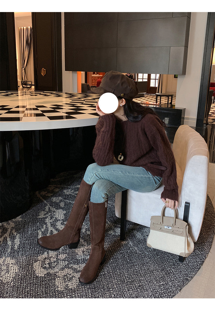 Karin Luna In Stock Spot Goods Basic Retro Square Toe Chunky Heel Riding Boots