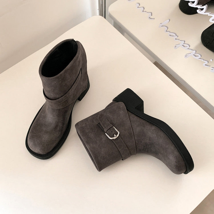 Karin Luna In Stock Spot Goods Versatile Basic Round Toe Belt Buckle Thick Sole Tube Boots