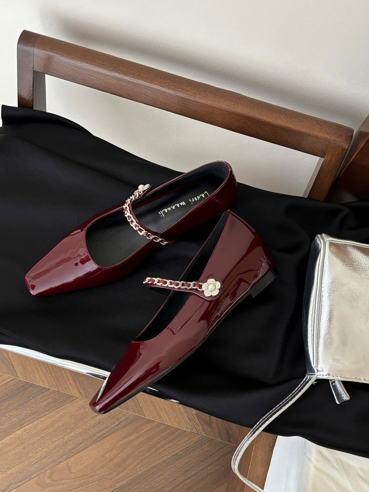 Karin Luna In Stock In Stock ~Metal One-Strap Pearl Small Square Toe Height-Increasing Flats
