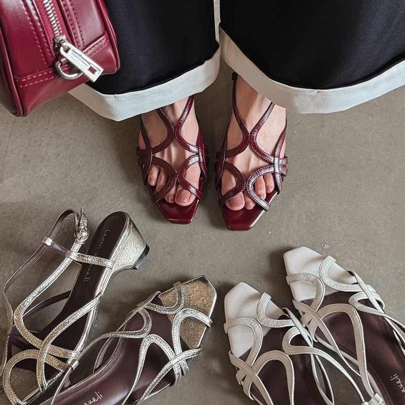 Karin Luna French Hollow Style Small Square Toe Chunky Heel Sandals