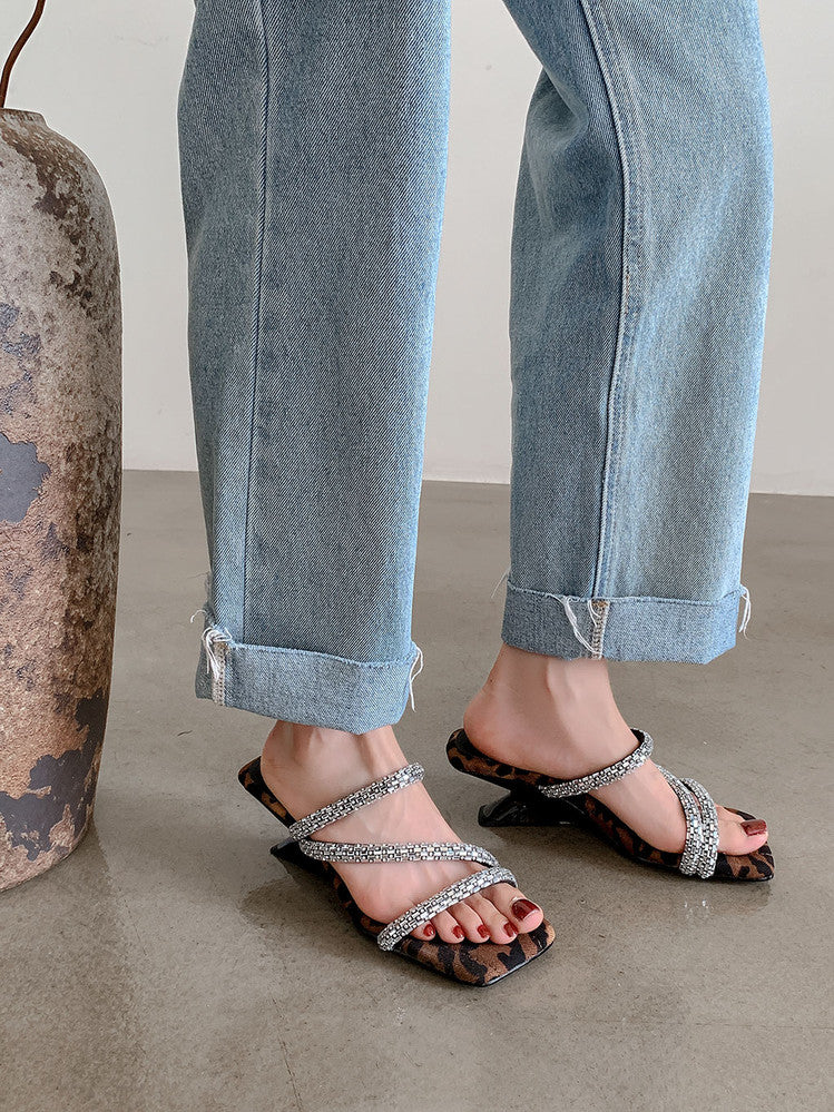 Karin Luna In Stock Spot Goods  Rhinestone One-Strap Irregular Heel Square-Toe Slippers