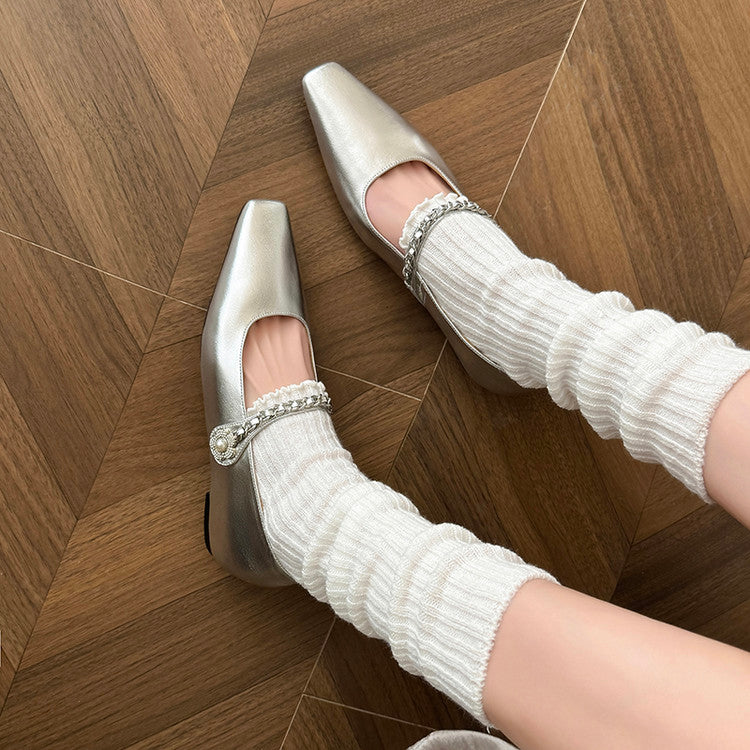 Karin Luna In Stock In Stock ~Metal One-Strap Pearl Small Square Toe Height-Increasing Flats