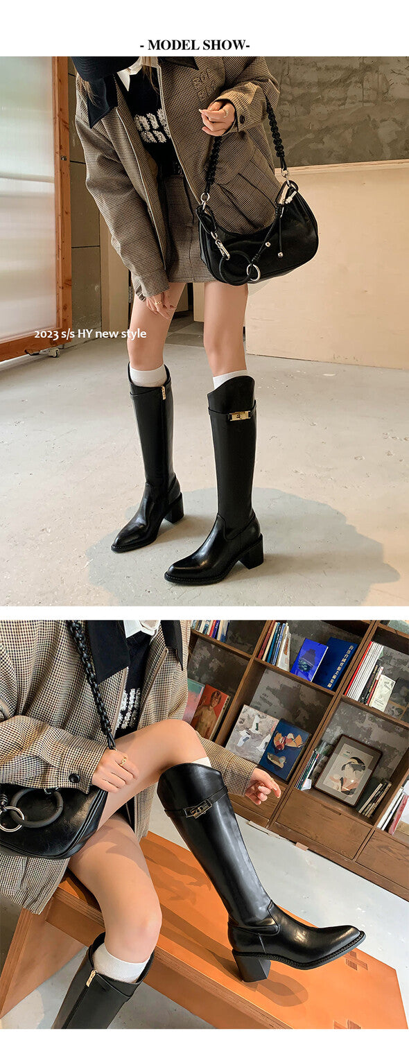 Karin Luna Hot-Selling Fasteners Sold as soon as listed Comes with data plan included Pointed Toe Chunky Heel Classic Full Cowhide Leather Riding Boots