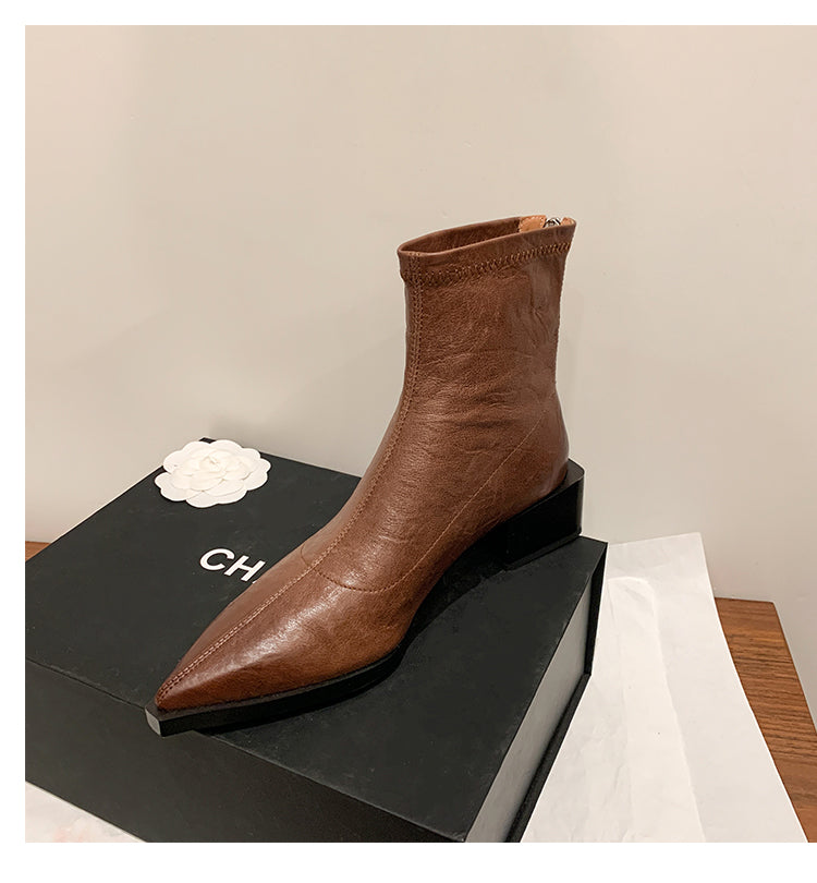 Karin Luna Elegant Style Pointed Toe Chunky Heel Short Boots
