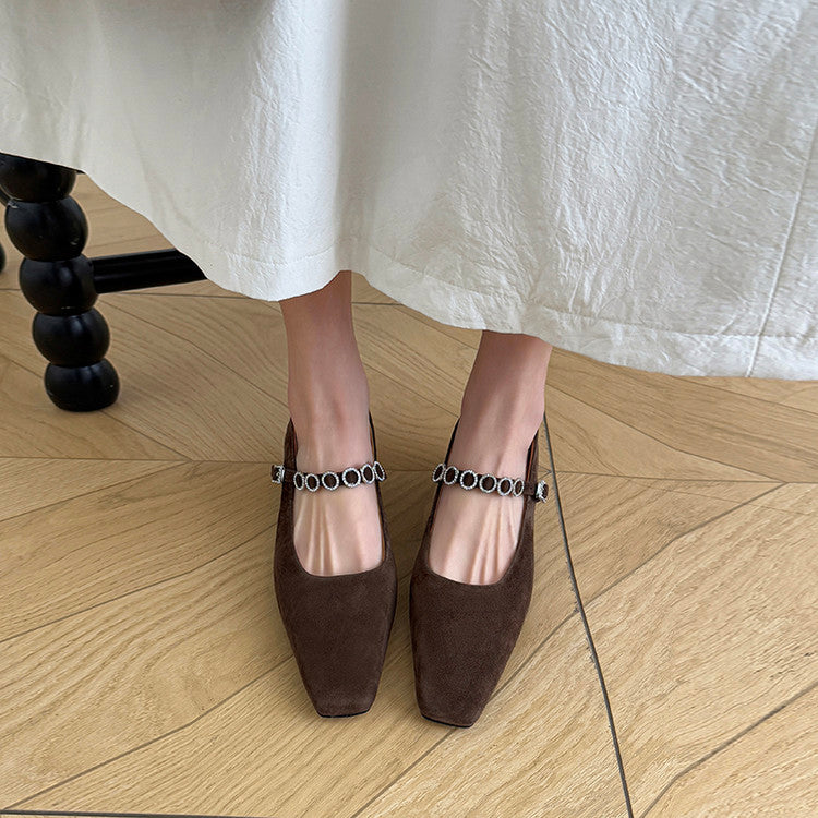 Karin Luna In Stock Spot Goods  Vintage Full Leather Square Toe Rhinestone Strap Shallow Mouth Single Shoes