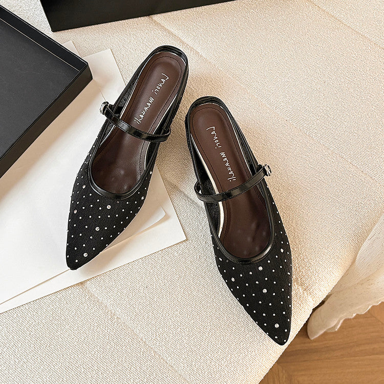 Karin Luna In Stock Spot Goods  Breathable Mesh Fabric Embellished Hand Drill Pointed Toe Slippers