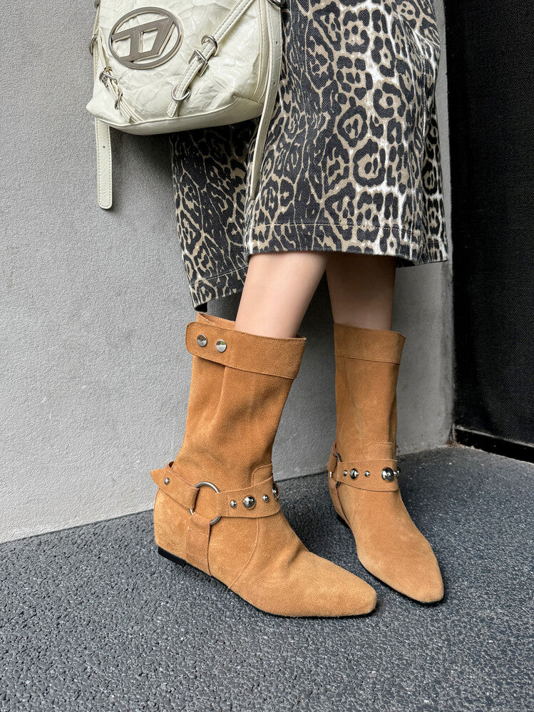 Karin Luna has prepared stock  Hot-Selling Retro Pointed Toe Wedge Metal Buckle High Tube Western Boots