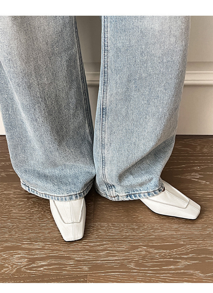 Karin Luna In Stock Spot Goods  Retro Full Leather Square Toe Shallow Mouth Single Shoes