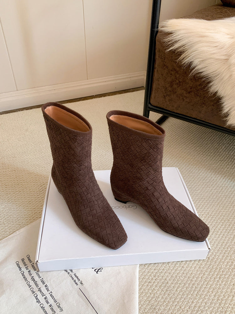 Karin Luna Handmade Woven Fabric Small Square Toe Hidden Heel Short Boots