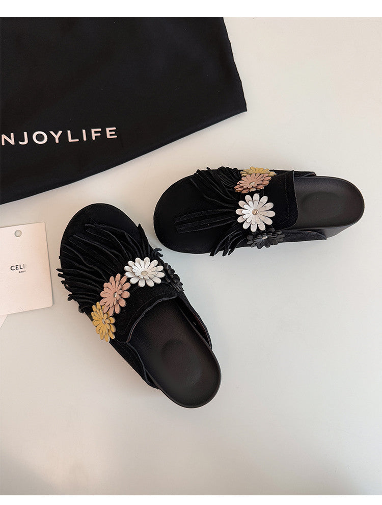 Karin Luna   Tassel Three-Dimensional Flower Thick-Soled Closed-Toe Slippers