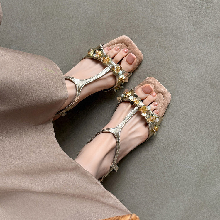 Karin Luna Hot-Selling Sequin Floral Series ~  Square Toe Irregular Heel Square Toe Sandals