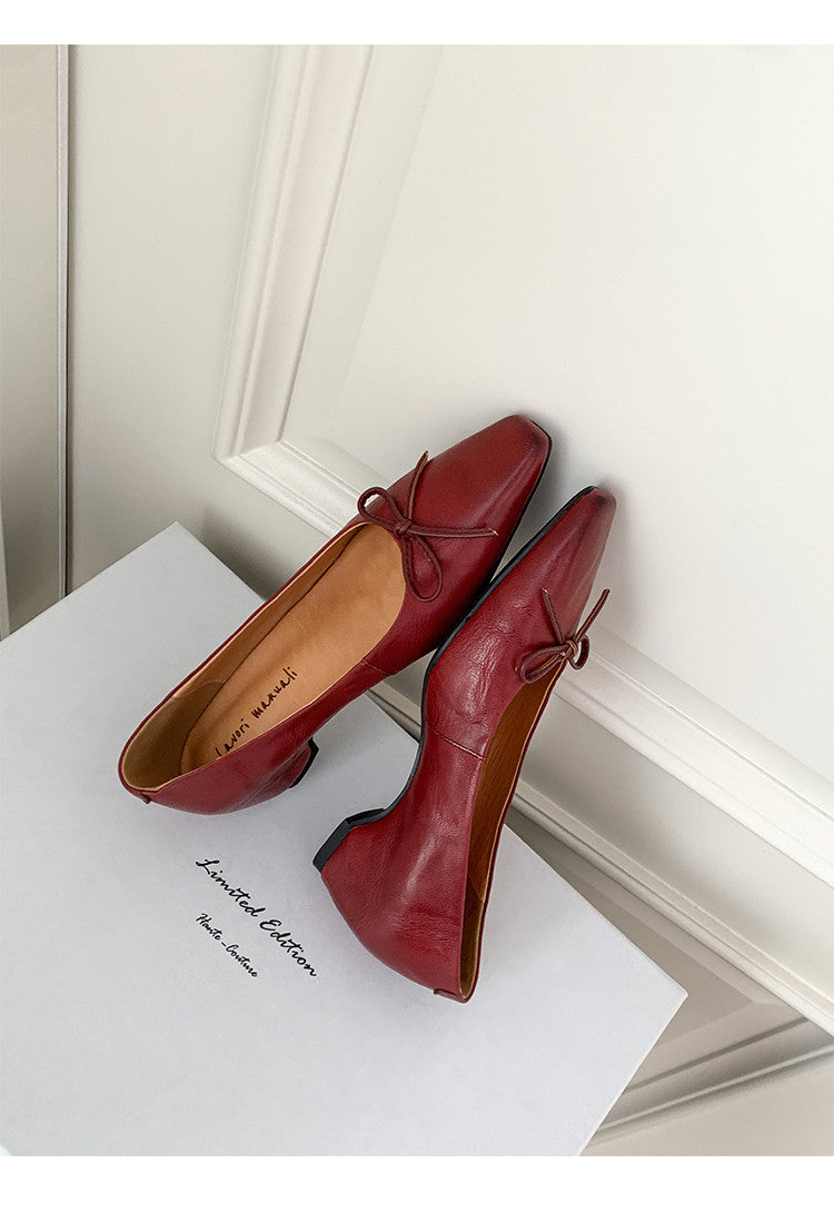 Karin Luna Full Layer Inside and Out~Basic Versatile Small Square Toe Butterfly Knot Irregular Heel Single Shoes
