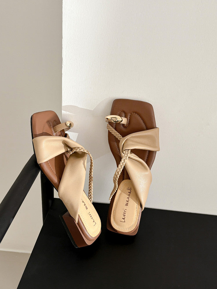 Karin Luna  Square Toe Braided Cross Thick Heel Flat Slippers