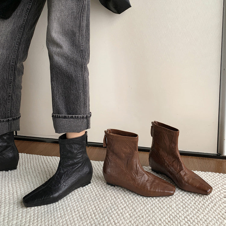 Karin Luna In Stock Spot Goods Slim Series  Hidden Wedge Small Square Toe Back Zipper Short Boots