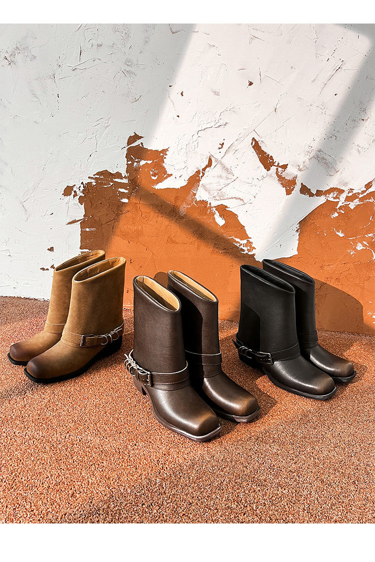 Karin Luna Elegant Style Square Toe Belt Buckle Pants Boot Short Boots