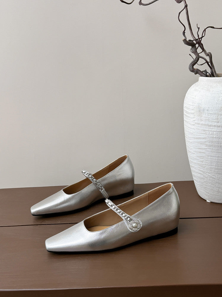 Karin Luna In Stock In Stock ~Metal One-Strap Pearl Small Square Toe Height-Increasing Flats