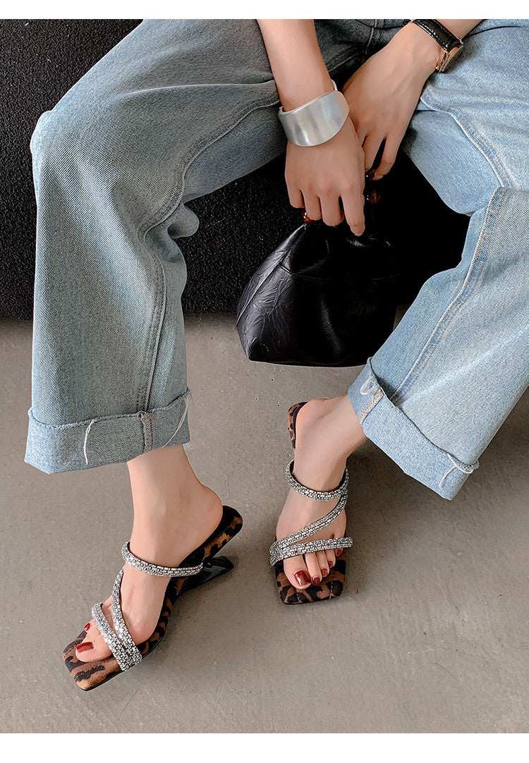 Karin Luna In Stock Spot Goods  Rhinestone One-Strap Irregular Heel Square-Toe Slippers