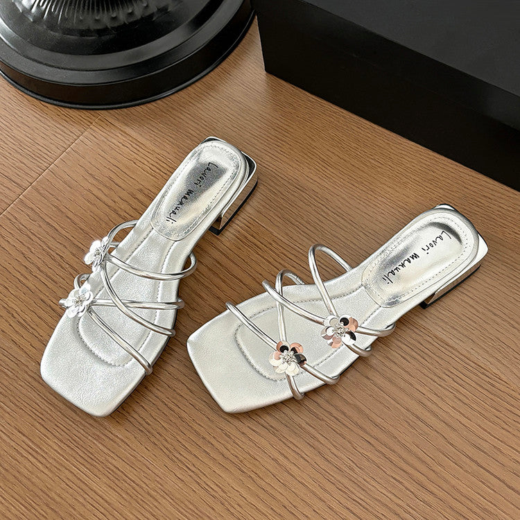 Karin Luna In Stock    Spot Goods    Square Toe One-Strap Sequin Flower Flat Slippers