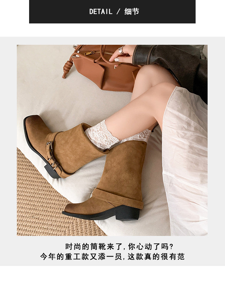 Karin Luna Elegant Style Square Toe Belt Buckle Pants Boot Short Boots