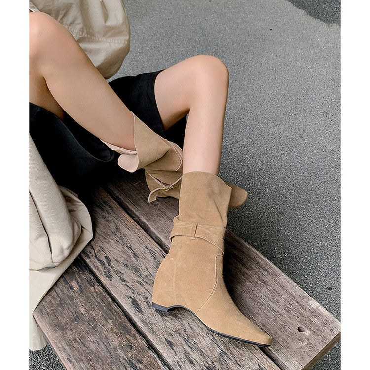 Karin Luna Foldable Belt Buckle Square Toe Hidden Wedge Short Boots
