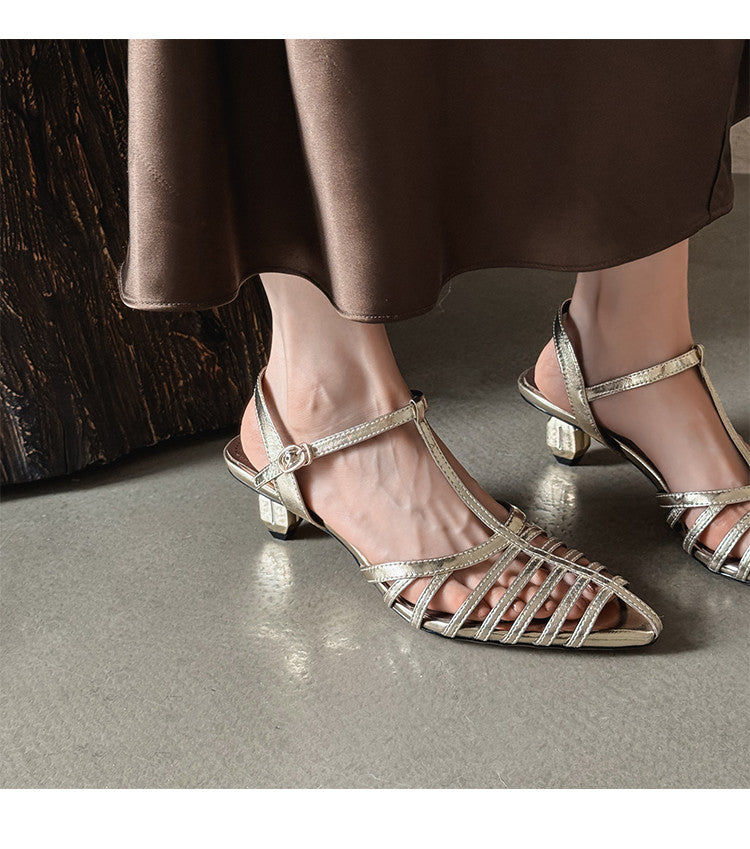 Karin Luna French Hollow Toe Metal Heel Elegant Sandals
