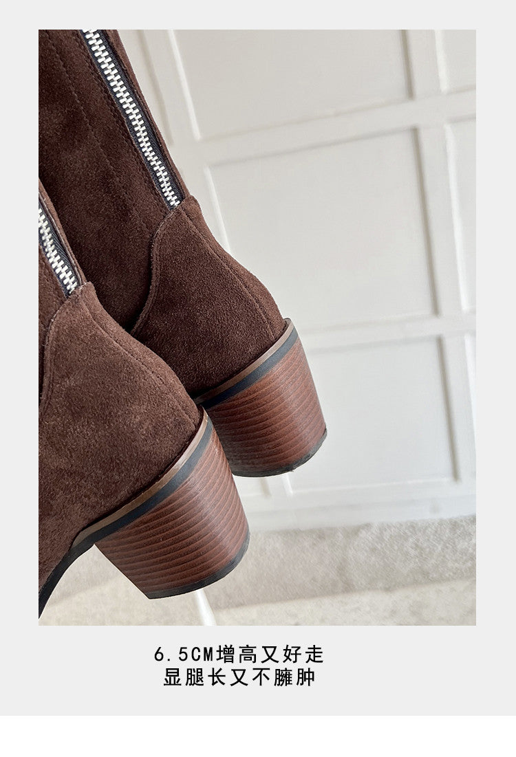 Karin Luna In Stock Spot Goods Retro Cowhide Leather Chunky Heel Suede Long Boots