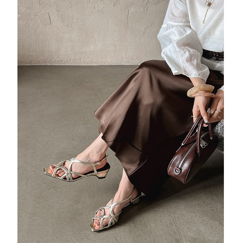 Karin Luna French Hollow Style Small Square Toe Chunky Heel Sandals