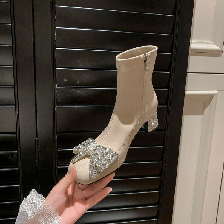 Karin Luna In Stock   Rhinestone Bow Thick Heel Slim Boots