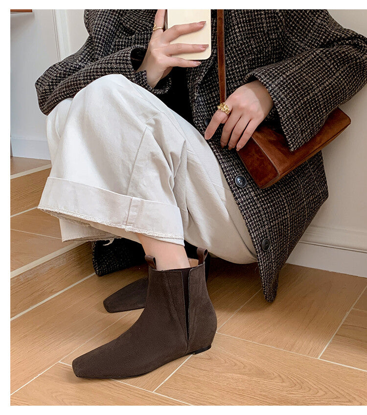 Karin Luna Classic Style Internal Height Increase Cowhide Leather Small Square Toe Short Fashion Boots