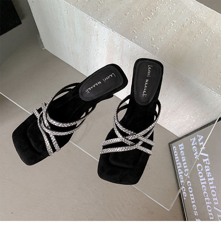 Karin Luna In Stock Spot Goods  Rhinestone Cross Strap Square Toe High Heel Slippers