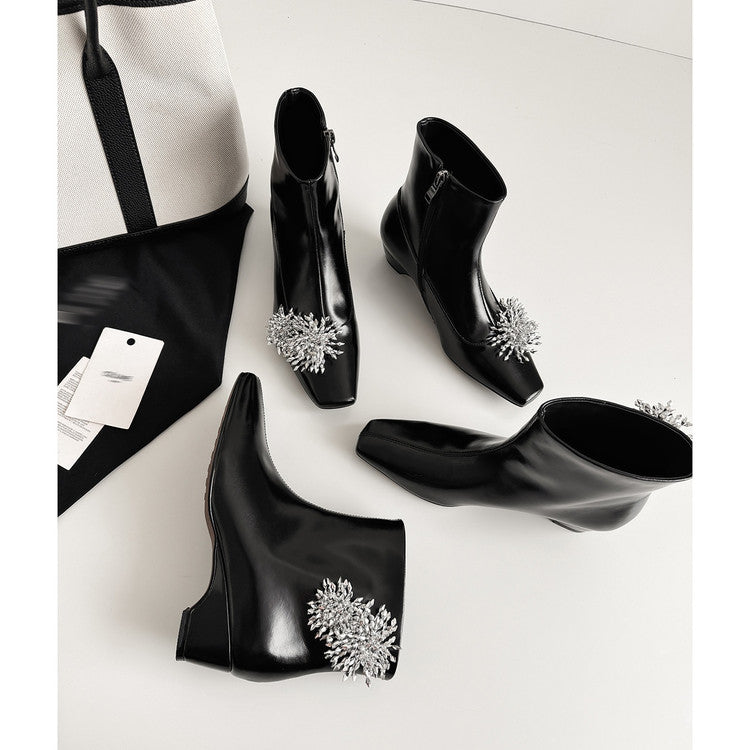 Karin Luna Elegant Style Square Toe Flower Design Height Increasing Short Boots with Two Front and Back Options