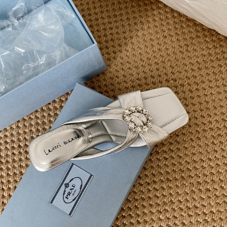 Karin Luna In Stock In Stock Elegant Square-Toe Cross-Strap Rhinestone Square-Toe Slippers